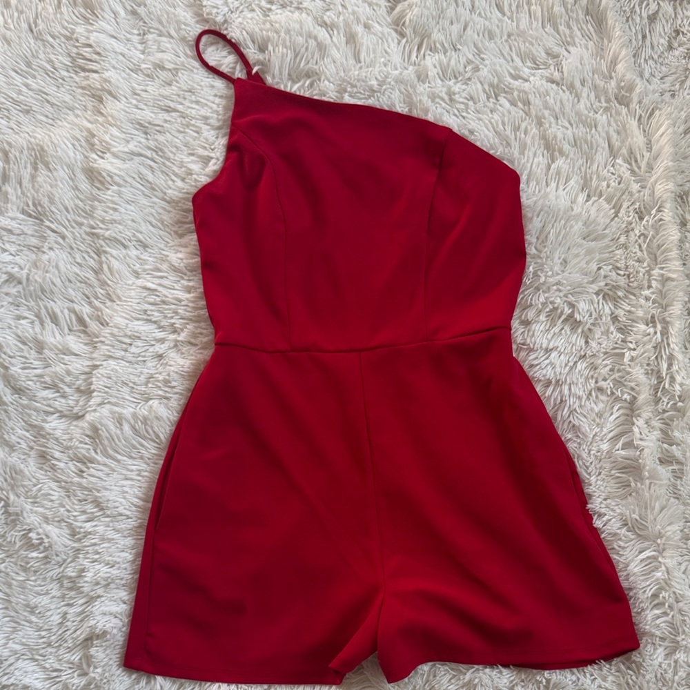 Crystal Sky Red Asymmetrical One-Shoulder Romper with Pockets